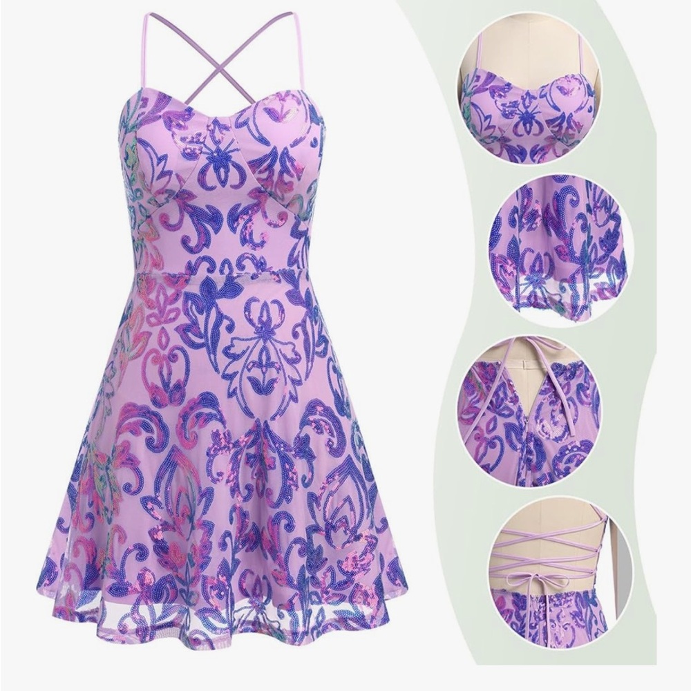 Sequin Party Dress Strapless Mini Cocktail Dress Purple Floral‎ Size 2